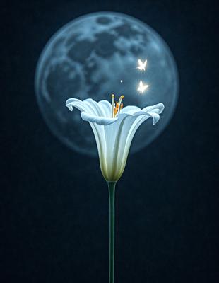 The primary subject of the image is a white flower, which is the main object, scene, or focus of the image. The setting is a dark background, which creates a dramatic and moody atmosphere. The visual style is a digital art, illustration, or drawing, as the flower is depicted in a stylized manner. The colors are predominantly dark, with the white flower standing out as the main focal point.